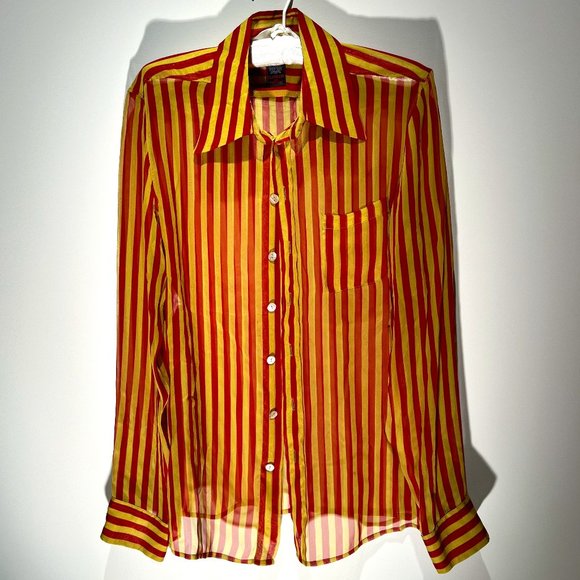 Jean Paul Gaultier Red/Yellow Striped Shirt-100% Silk, Sz 10, Used